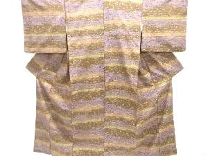 アンティーク　横段に花唐草模様織り出し手織り紬着物